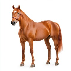 Fototapeta premium Majestic chestnut horse standing elegantly against a white background showcasing its powerful physique, graceful posture, and striking coat color for equestrian enthusiasts and artwork.