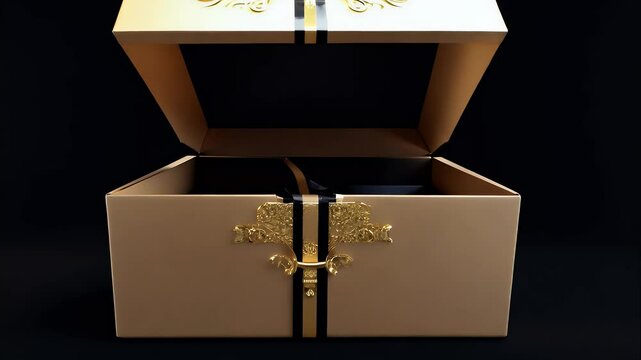 elegant gift box with golden accents, opening to reveal animated 'SALE' letters floating upward on a black background