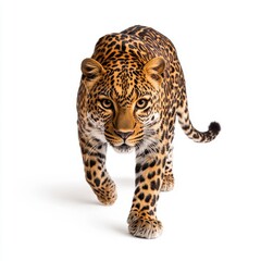 Obraz premium Majestic Leopard Approaching with Intense Gaze, Showcasing Beautiful Spot Patterns and Powerful Muscles, Captured in Studio Light Against White Background
