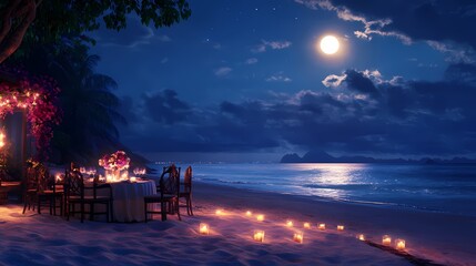 Romantic Beachside Dinner Under the Moonlight with Soft Candles, Flowers, and Tropical Ambience Creating an Enchanting Evening Escape
