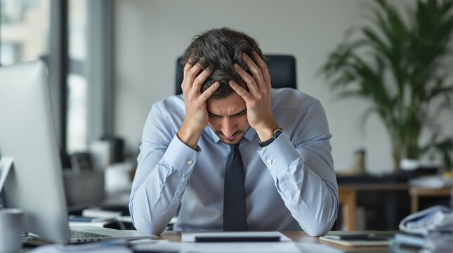 A portrait shot of an executive looking stressed, head in hands at a desk - Powered by Adobe