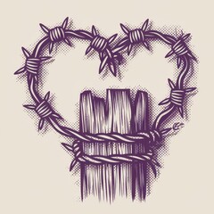 Fototapeta premium Barbed Wire Heart Encircles Wooden Post