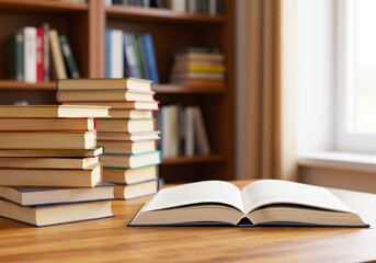 Fototapeta premium An open book and a stack of books on a study desk