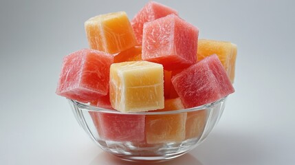 A colorful medley of cantaloupe and watermelon cubes in a glass bowl, photographed on white