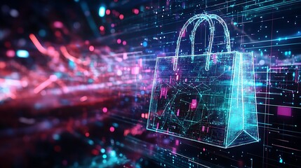 Obraz premium Cyber Shopping Bag: A 3D Render of Online Retail in the Digital Age. AI Generated