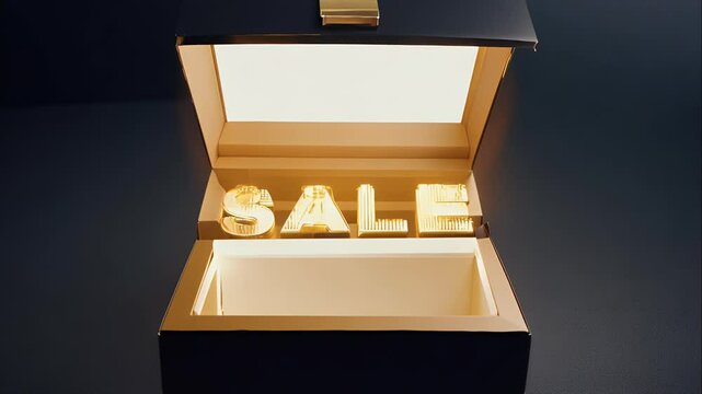 sleek black gift box with a shimmering gold bow, popping open to release individual glowing 'SALE' letters