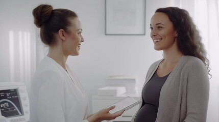 Obraz premium ultrasound technician explaining results to a smiling pregnant woman