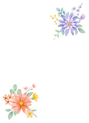 Watercolor flowers, floral background, frame, border for greeting card, invitation and other printing design. Isolated on white background. Hand drawing.