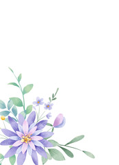 Watercolor flowers, floral background, frame, border for greeting card, invitation and other printing design. Isolated on white background. Hand drawing.