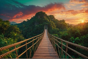 Explore the enchanting bridge through a tropical rainforest at sunset