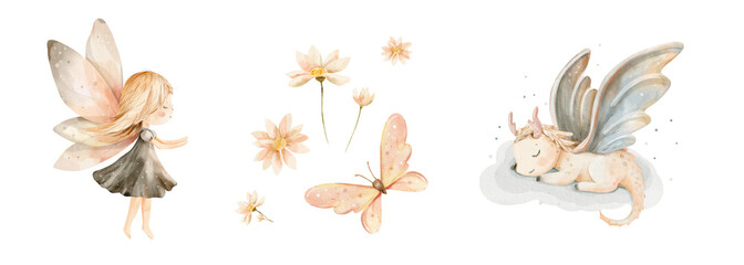 gentle fairy and dragon watercolor clipart