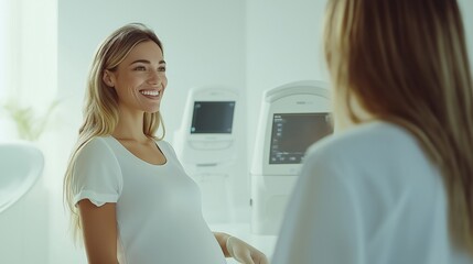 Obraz premium ultrasound technician explaining results to a smiling pregnant woman