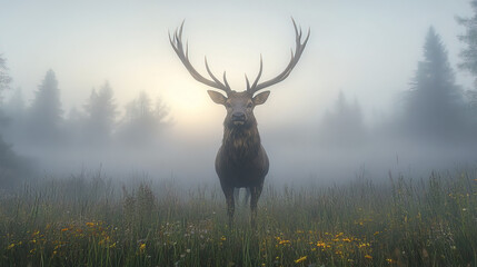 Majestic stag in foggy meadow with towering antlers, serene atmosphere