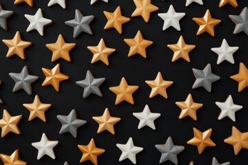 Colorful stars arranged in a pattern on a dark background, showcasing various shades like gold, silver, and gray.