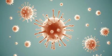 Immune system antibody prevention concept. Microscopic view of viruses with a blue-green background, illustrating infectious agents in detail.