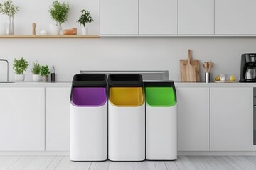 Innovative waste bin in modern kitchen, sorting compost, recyclables, and trash into different sections with lighting for each type.