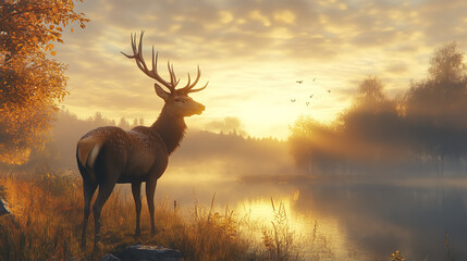 majestic deer stands in misty valley at sunrise, surrounded by nature beauty