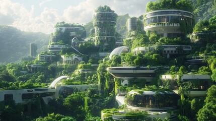 Obraz premium Overgrown Cityscape: A Futuristic City Reclaimed by Nature