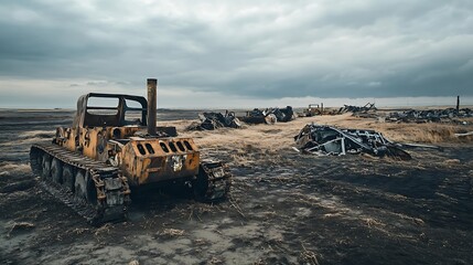 Fototapeta premium Wide shot photo of weathered bulldozer resting on desolate landscape under cloudy sky. AI Generated