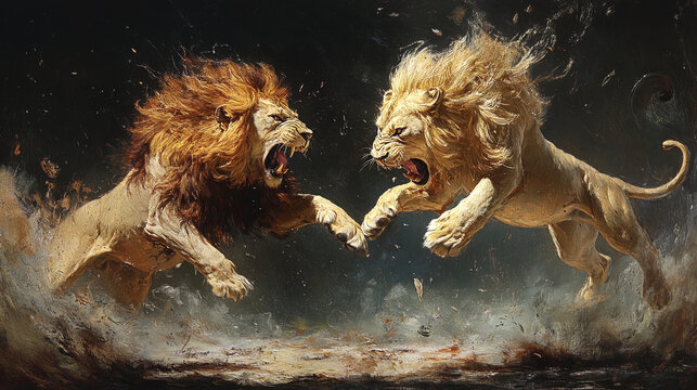 Fierce lions fighting in dramatic display of power and strength