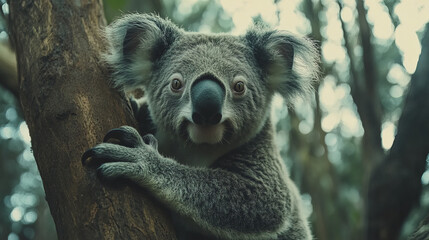 Obraz premium Koala bear climbing tree in wild, showcasing its natural habitat