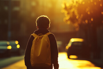 A student boy with backpack walk along street going to go to school in morning, education and safe traffic