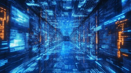 Abstract blue digital field with neon data flows and algorithmic patterns