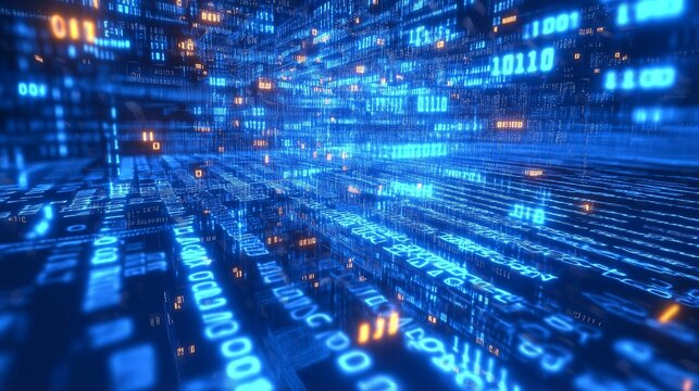 Abstract blue digital field with neon data flows and algorithmic patterns