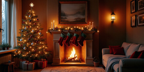 A cozy holiday scene with stockings hanging on a fireplace mantle, surrounded by festive decorations