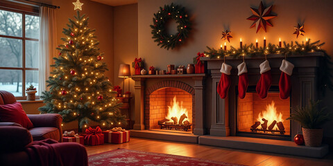 A cozy holiday scene with stockings hanging on a fireplace mantle, surrounded by festive decorations