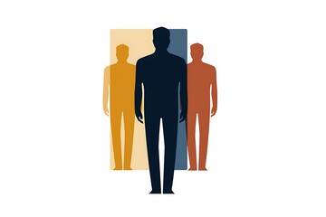 A simple vector graphic of layered rectangles, each containing a stylized human figure in flat contrasting colors