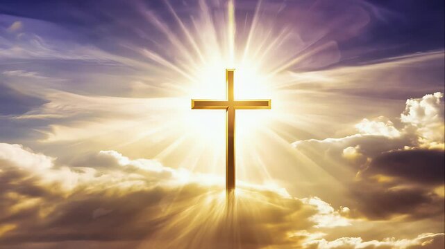 Christian cross glowing with divine light, placed in the center of a sky filled with dramatic sun rays and swirling clouds