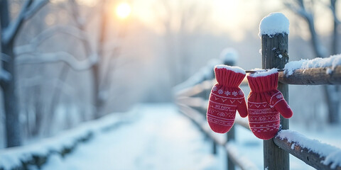 Red knitted mittens on a wooden fence post in a snowy winter landscape with a cabin in the background at sunset.