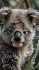 Painting of a baby koala face, round fluffy cheeks, soft gray fur with hints of white, large soulful brown eyes, nose in a subtle heart shape