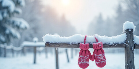 red knitted mittens on a wooden fence post in a snowy winter landscape with a cabin in the background at sunset.