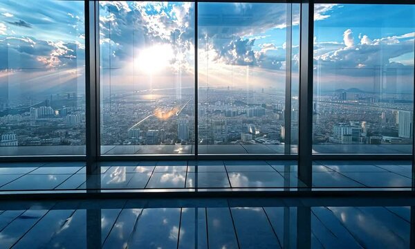 Modern office interior with panoramic city view.