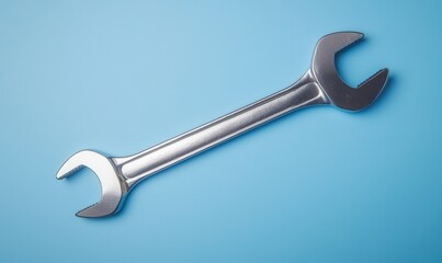 A shiny metal wrench on a blue background, highlighting its design and functionality for mechanical tasks.
