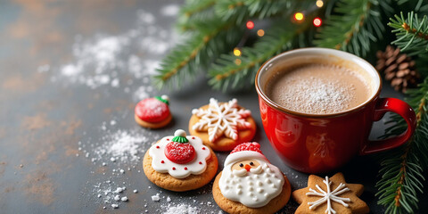 Christmas cookies and a cozy mug of hot chocolate, decorated with red and green festive ornaments.