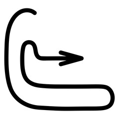 Arrow - hook. Sketch. Black long arrow is twisted and directed to the right. Hand drawn sign. Vector illustration. Outline on isolated white background. Doodle style. Idea for web design.