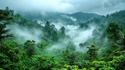 Misty Green Hills Lush Tropical Tea Plantation Landscape