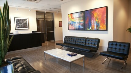 A formal office reception area with a sleek black leather sofa, a marble table, and modern artwork on the walls