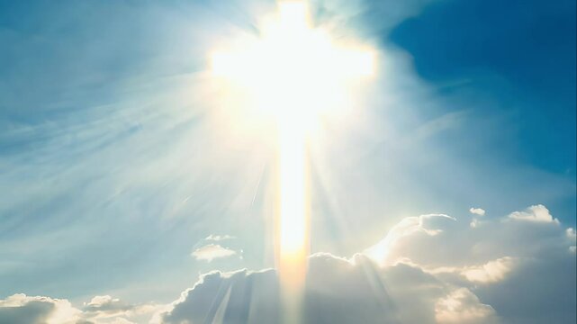 heavenly cross radiating light, surrounded by golden clouds and beams of sunlight cascading from above