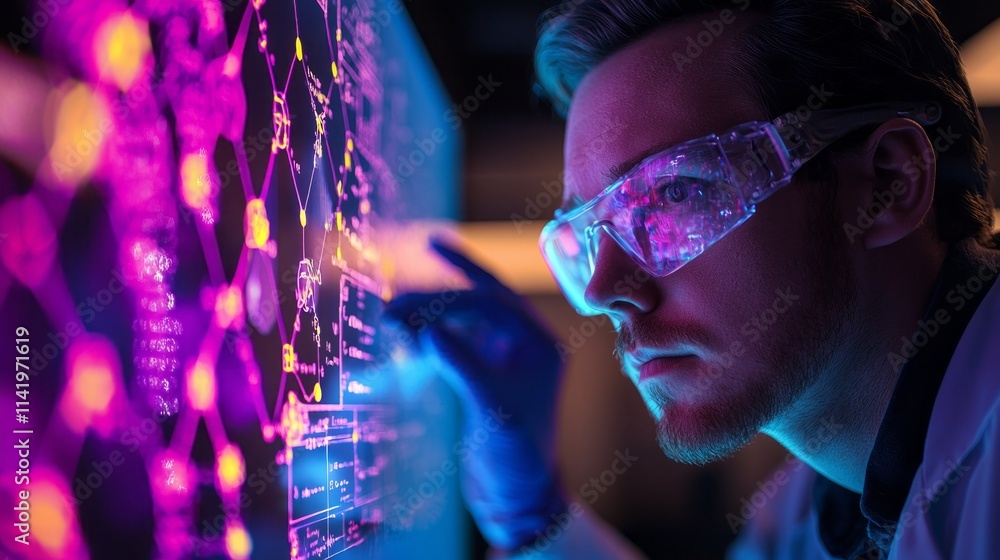 Poster a man wearing a lab coat and goggles is looking at a computer screen