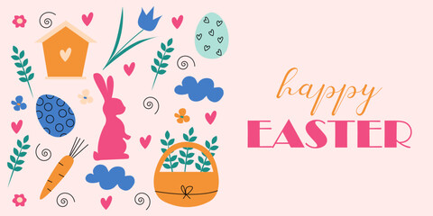 Obraz premium Happy Easter banner. Set of cute Easter design elements: bunny, chicks, festive cake, spring flowers, eggs.