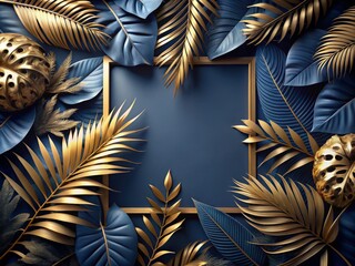 3D Tropical Leaves Frame - Navy Blue Gold Luxury Botanical Design Element