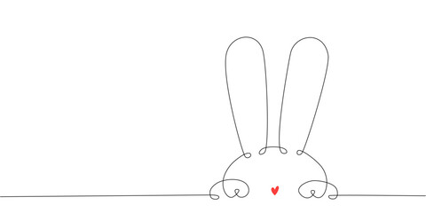 Continuous one line drawing of Easter Bunny ears. Cute rabbit silhouette with ears and heart in simple linear style for spring design greeting card and web banner.