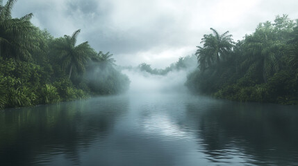 Foggy jungle river landscape with lush greenery and misty atmosphere