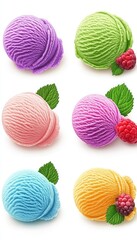 Set of colorful ice cream scoops with raspberries and mint isolated on white background