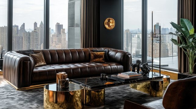A luxurious penthouse living space with a dark brown leather sofa, a city view, and metallic accents