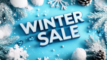 Winter Sale Banner mit winterlichen Elementen, Schneeflocken und Tannenzweigen auf blauem Hintergrund